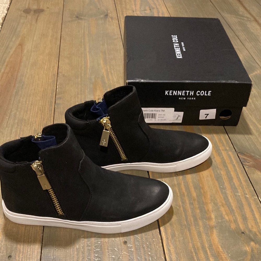 Kenneth Cole New York Womens Kiera Leather Black Fashion Sneaker 7M